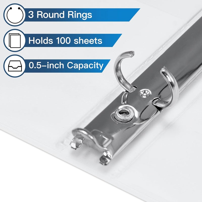 SUIN Basic 3 Ring Binder -1 or 1/2'' Binders with Roung Ring Binder, Large 100/200 Sheet Capacity, Fit 8.5" x 11" US Letter Size Paper, 12 Pack White (0.5'' White - 12 Packs) - Image 3